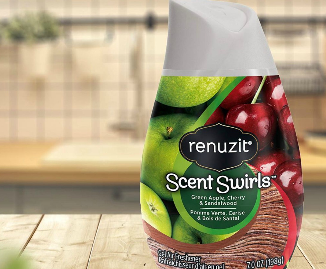 renuzit scent swirls on counter with blurred background