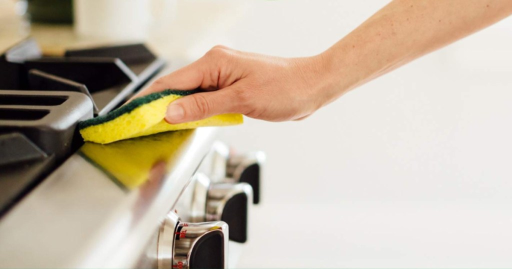 hand holding a Scotch Brite sponge