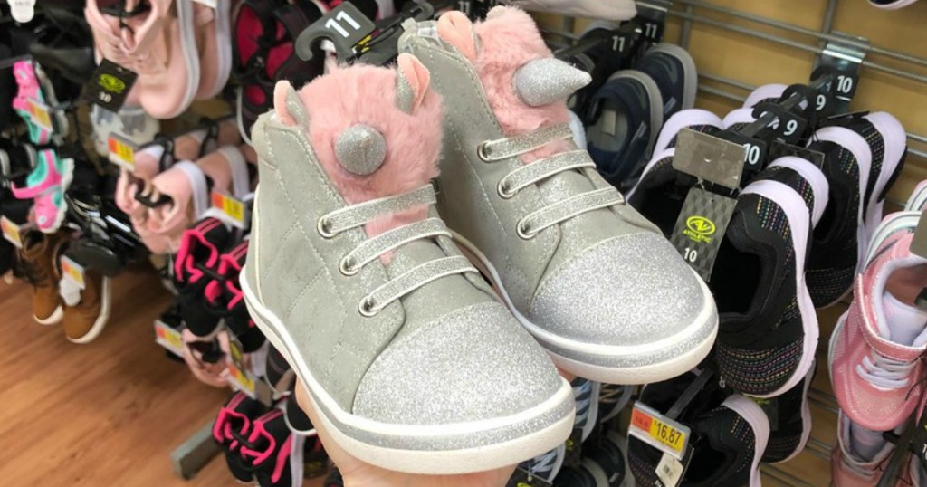 silver glitter unicorn sneaker boots in walmart store