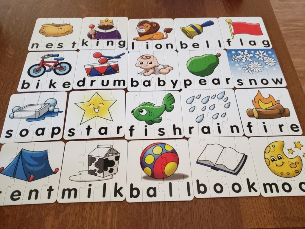 spelling puzzles put together on table