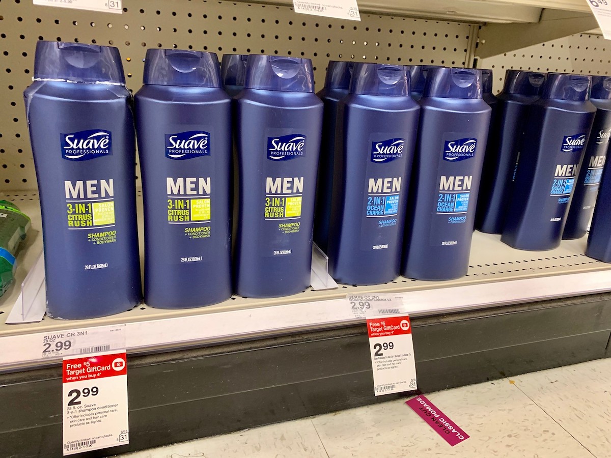 Suave Men's Hair Care on a Target store shelf