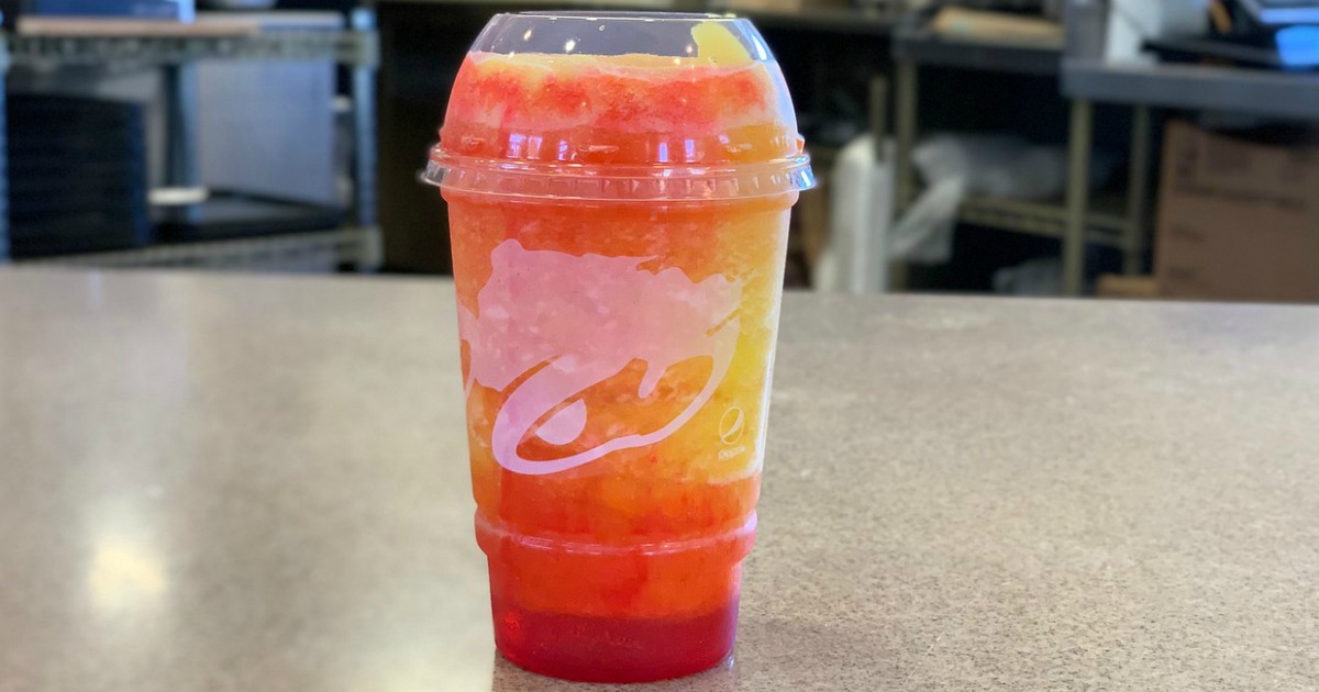 Taco Bell Cherry Sunset Freeze drink on counter in restaurant