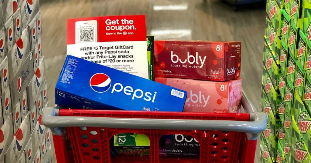 pepsi soda 12 packs and bubly sparkling water 8 packs in shopping cart at target