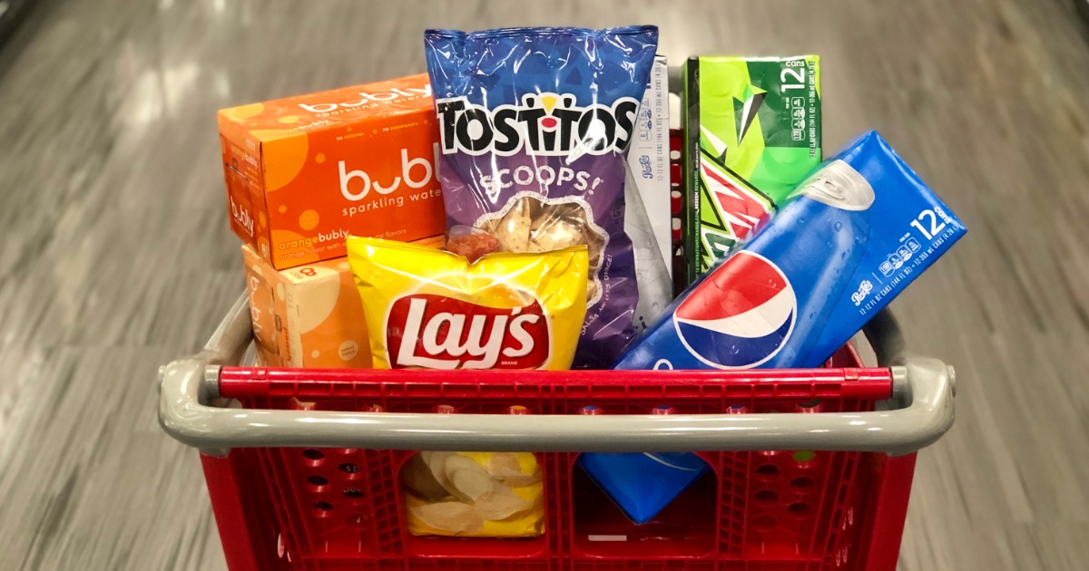 target shopping cart filled with pepsi and frito lay items
