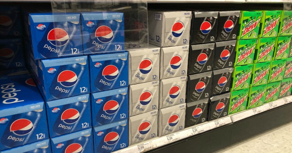 pepsi and mountain dew soda 12 packs on shelf at target