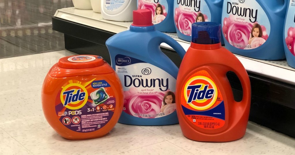 tide pods, liquid laundry detergent and downy fabric softener at target