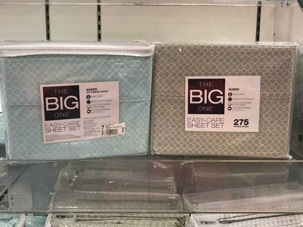 sheet sets in clear packaging on store shelf