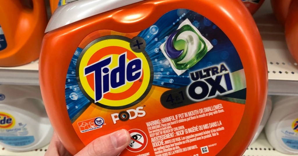 closeup of tide pods ultra oxi container