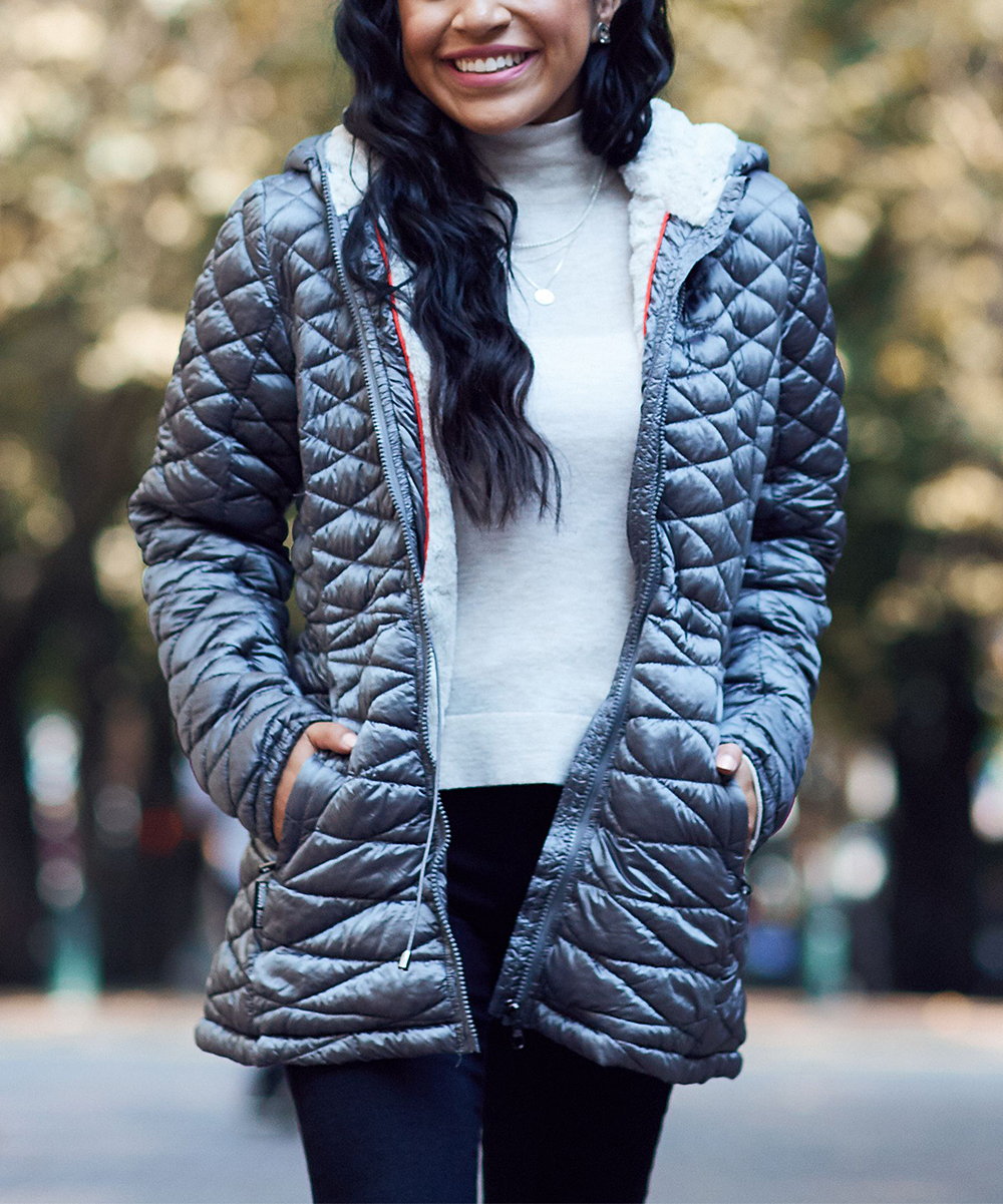 woman wearing Titanium Hooded Quilted Coat