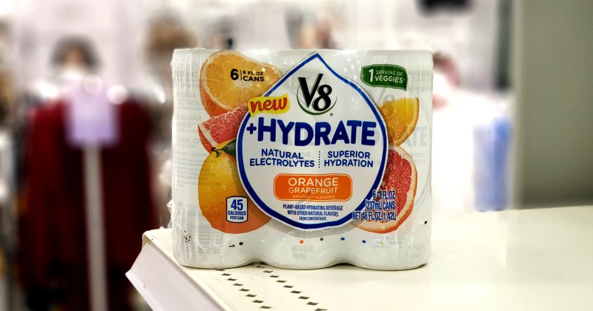 V8 Hydrate six pack on a shelf in Target