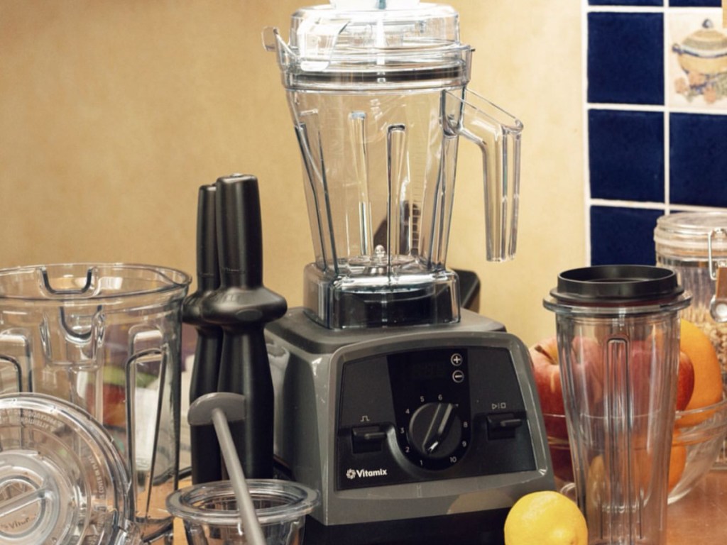 Vitamix on counter with attachments