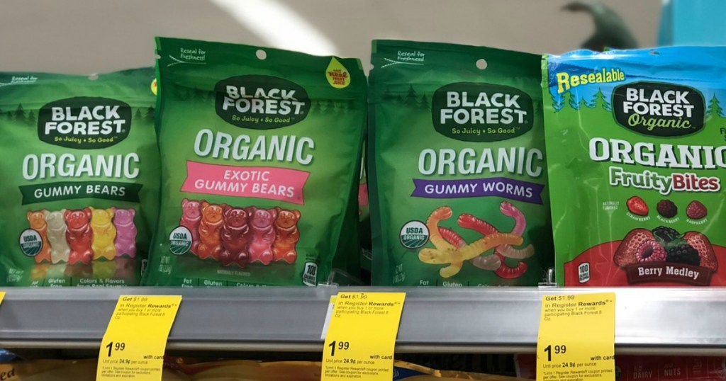 black forest organic gummy bears and worms on a shelf at walgreens