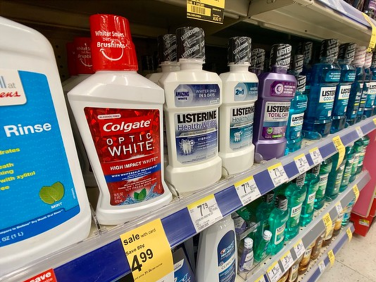 colgate optic white mouthwash on shelf at walgreens