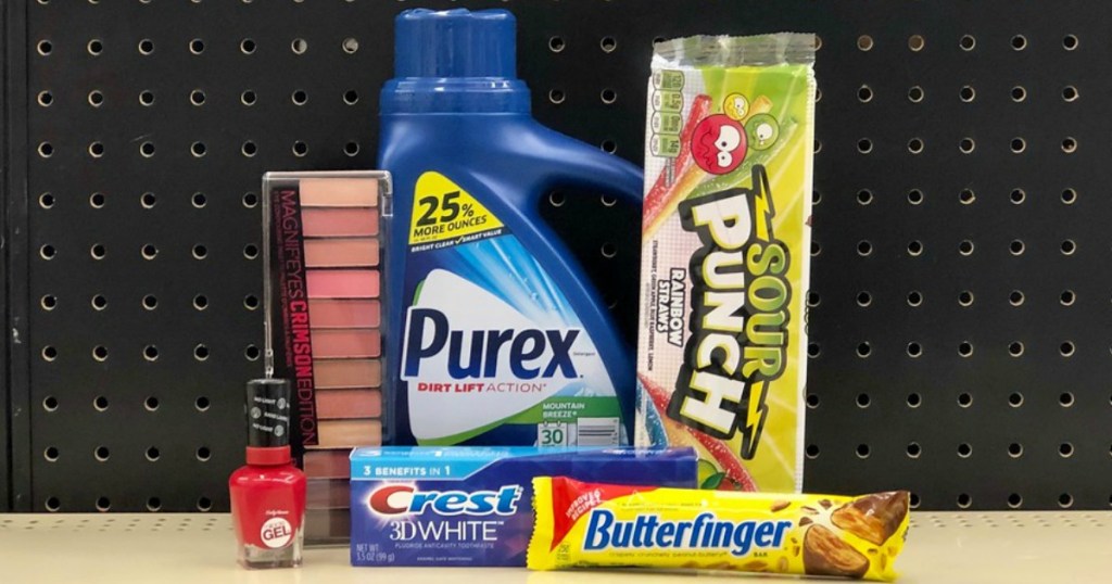 rimmel eyeshadow, purex laundry detergent, sour punch candy, sally hansen nail color, crest toothpaste and butterfinger candy bar at walgreens
