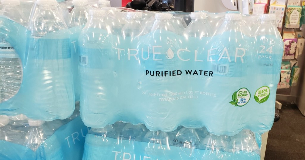 24 pack of True Clear Purified Bottled Water at Staples store