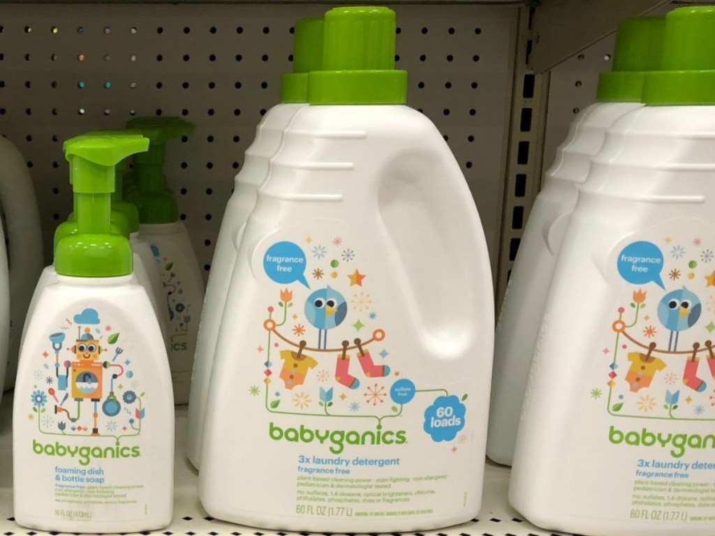 Babyganics brand laundry detergent and hand soap on shelf at Target