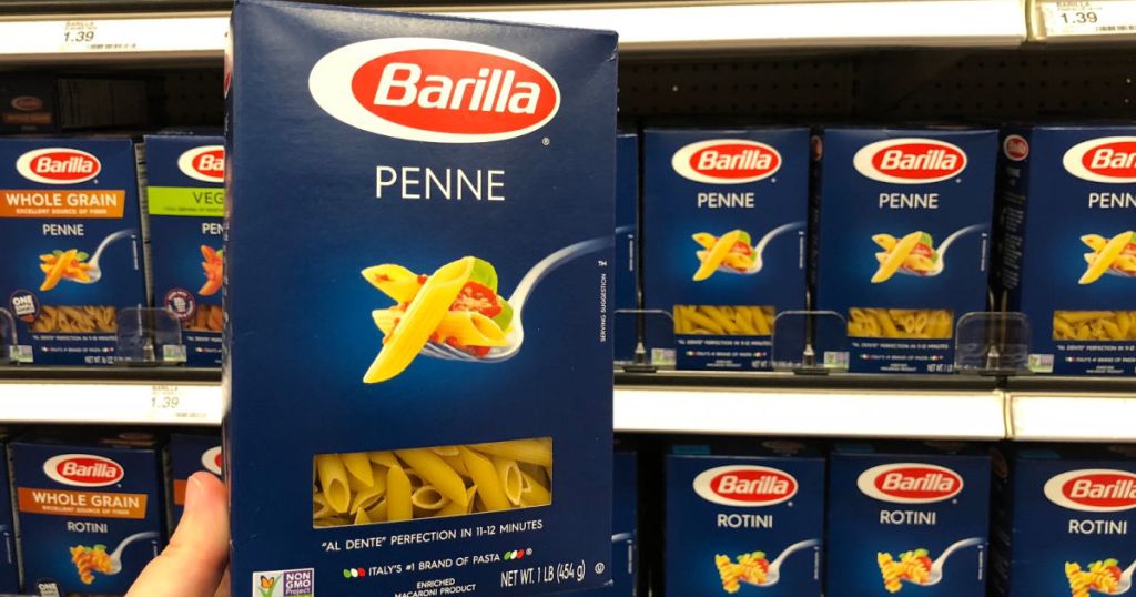 Barilla Penne Pasta in blue box in store