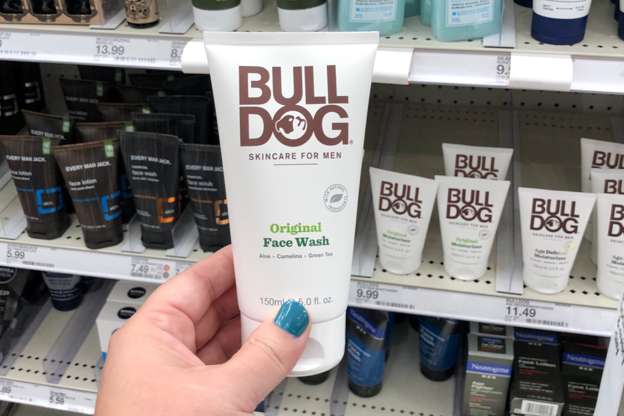 female hand holding Bulldog Face wash at target