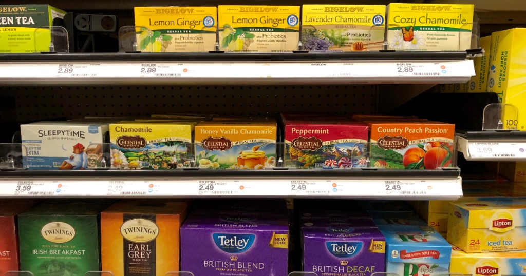 boxes of celestial seasonings tea on shelf at target