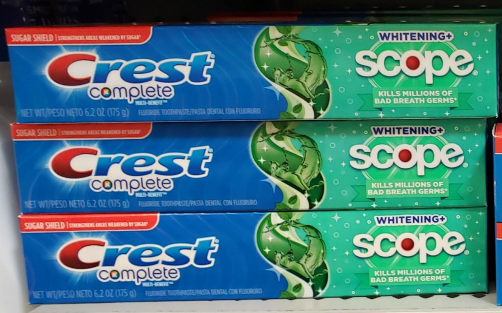 Three pack of Crest toothpaste with Scope