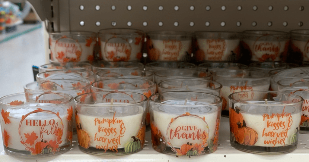 Dollar Tree Pumpkin Candles with Fall quotes