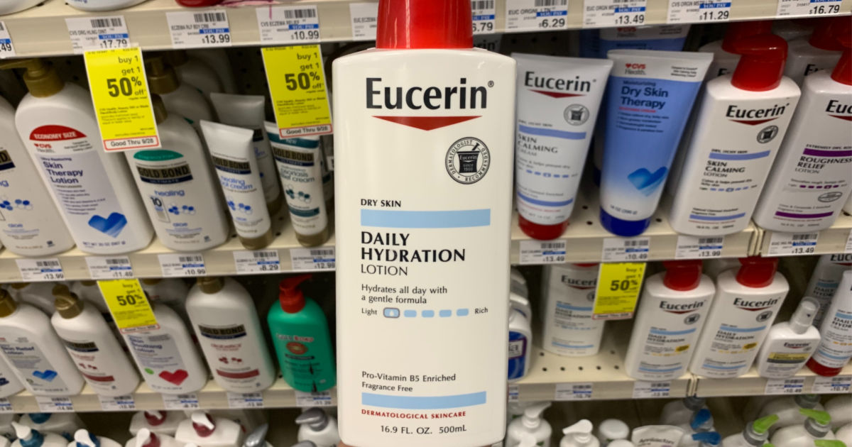 Eucerin lotion in front of store shelf 