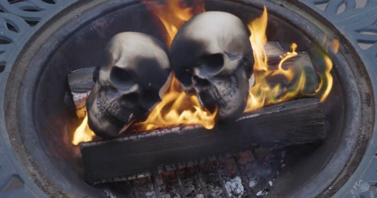 Skull logs in fire