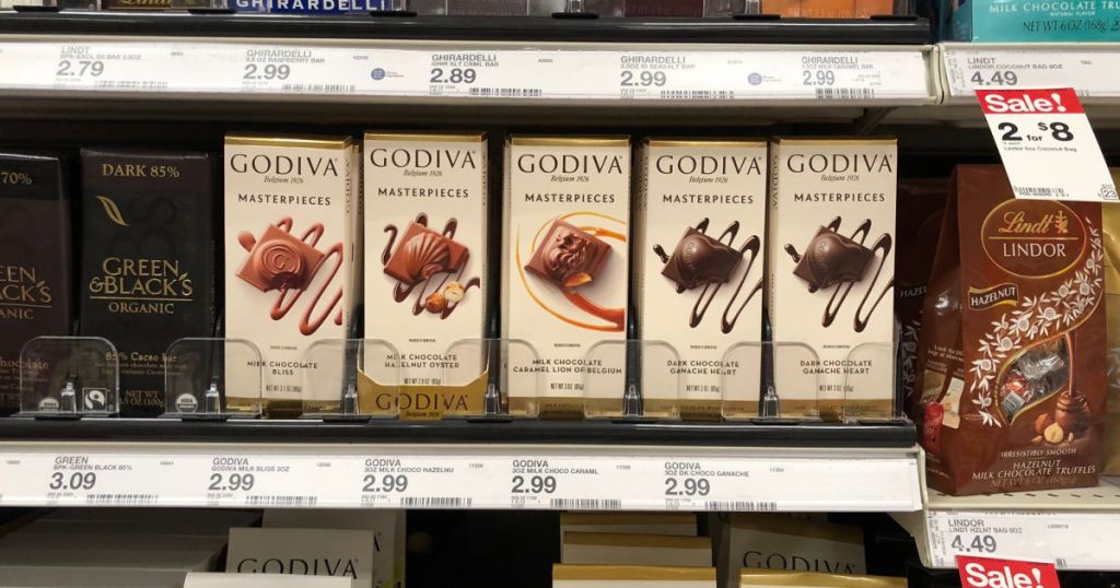 godiva chocolate bars on shelf at target