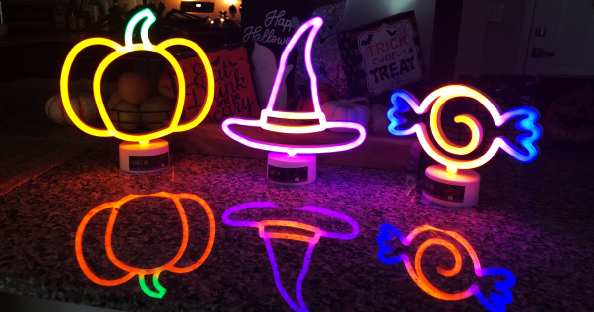 pumpkin, witch hat and candy neon candy