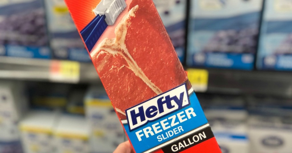 Hefty Brand Freezer Slider Gallon Bags in box in store in front of shelf in-hand