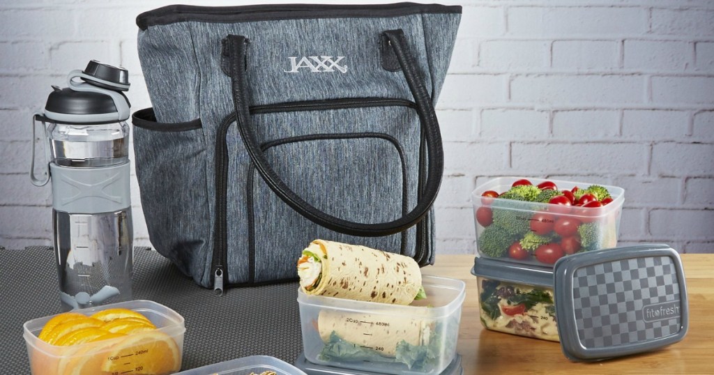 Meal prep tote back with food containers on counter