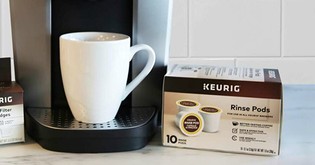 Rinse Pods 10 Pack from Amazon on counter near Keurig Coffee Brewer