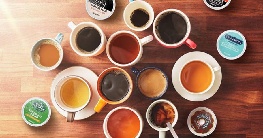 keurig kcups and coffee mugs on table