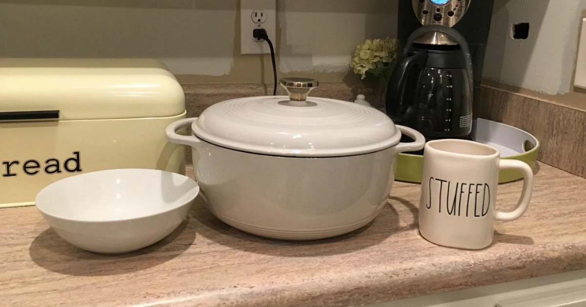 Lodge Dutch Oven on counter with bowl and mug