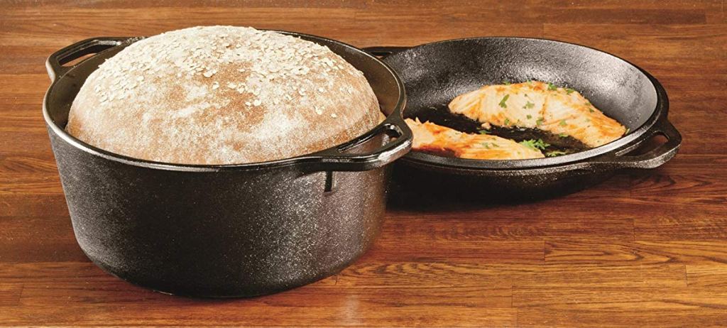 Lodge Dutch Oven with bread and lid with fish