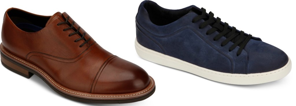 Two styles of Men's shoes from Macy's - oxford style and sneaker style in navy blue