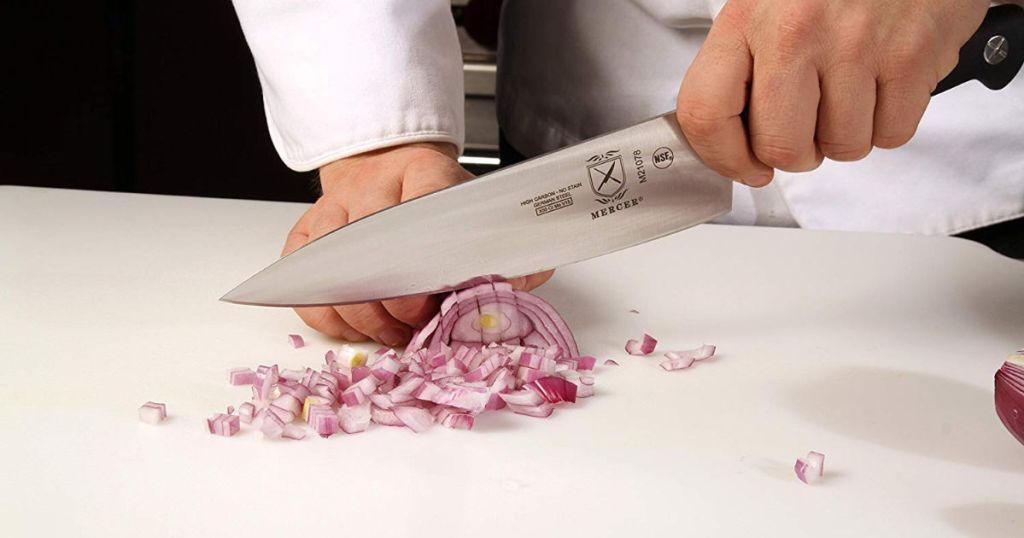 Mercer Culinary Genesis Forged Short Bolster Forged Chef's Knife 8 Inch cutting onion