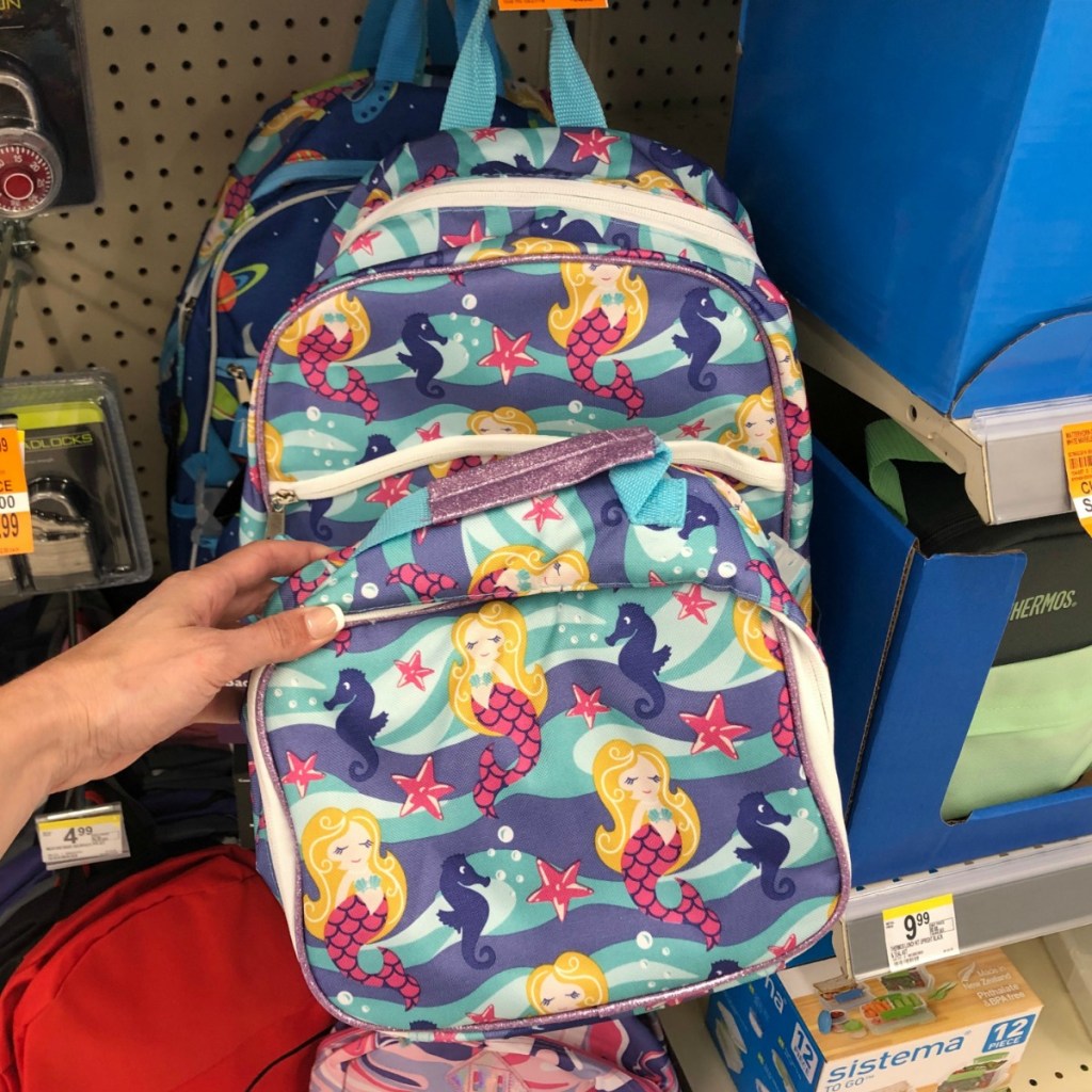 Mermaid print backpack with matching lunchbox on display at Walgreens