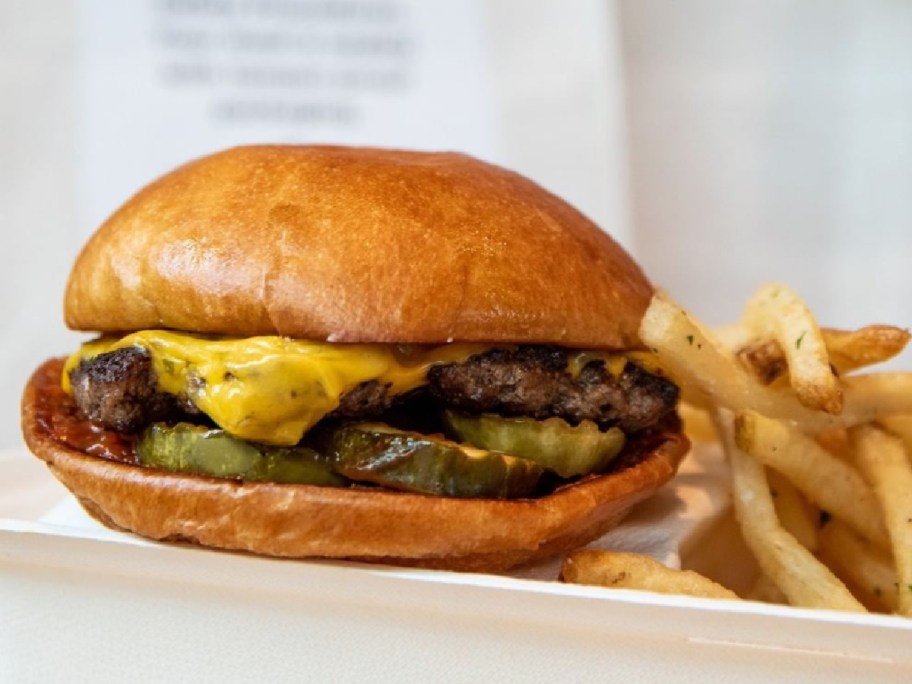 dog haus cheeseburger with pickles sitting on a plate with french fries