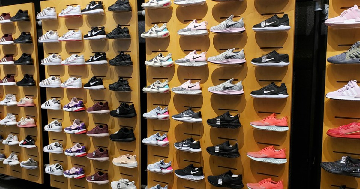tons of Nike Shoes on store wall