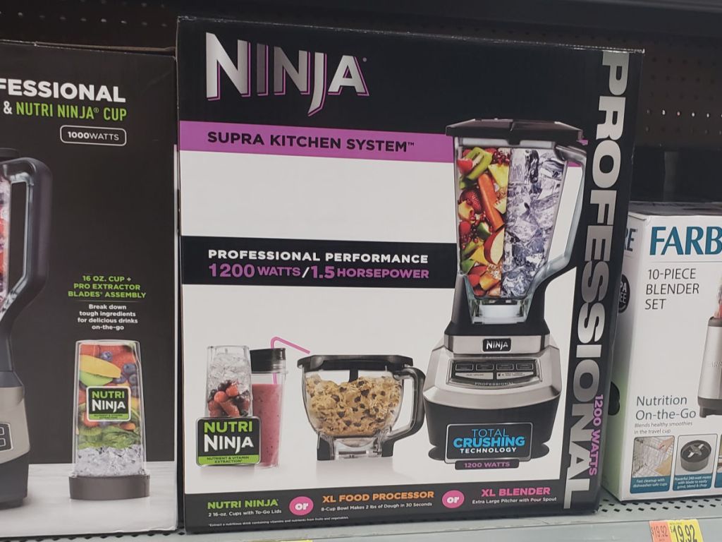 Ninja Supra Kitchen Blender System with Food Processor box on shelf at walmart