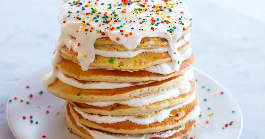 stack of Funfetti pancakes on plate