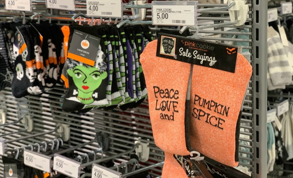 Pumpkin Spice themed women's socks from Target in store on display rack