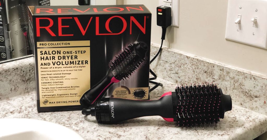 Revlon Hair Dryer And Volumizer box and dryer on countertop in bathroom