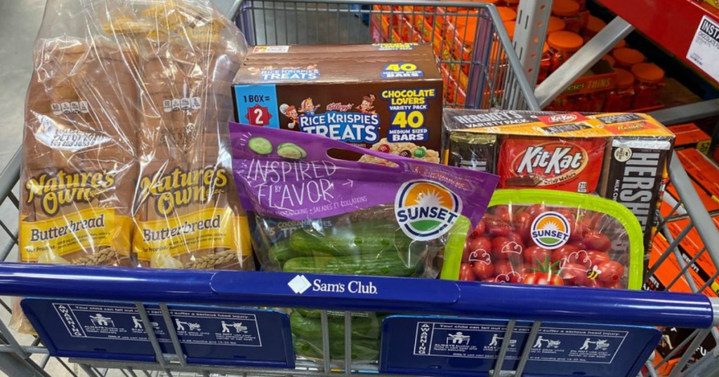 groceries and Halloween candy in a cart at Sam's