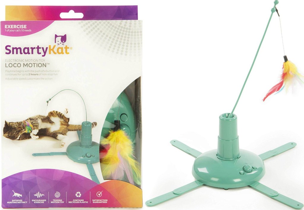 Spinning cat toy with feather in package and out