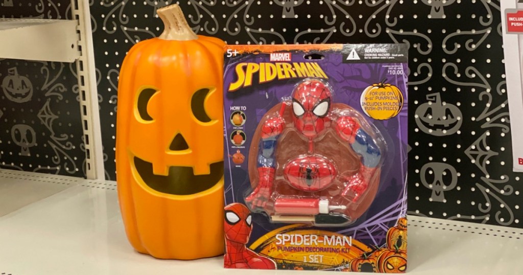 Spider-Man no carve pumpkin kit near jack-o-lantern at Target