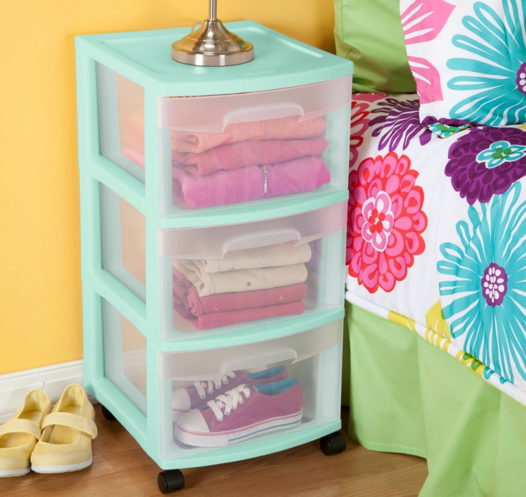 Sterilite -drawer cart in mint color in bedroom