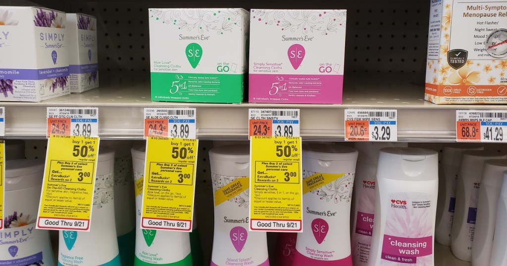boxes of summers eve products on shelf at cvs