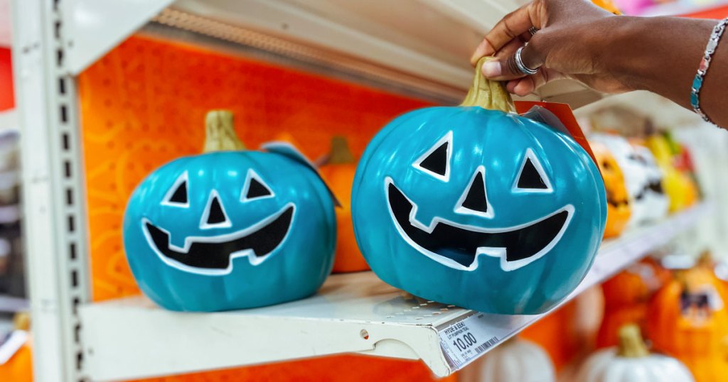 Lit Pumpkin with Happy Face Teal on target shelf hyde and eek